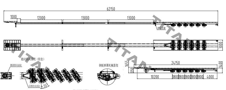 Drawing of 6 Axle Extendable Trailer for Transporting Blades Wind Turbine